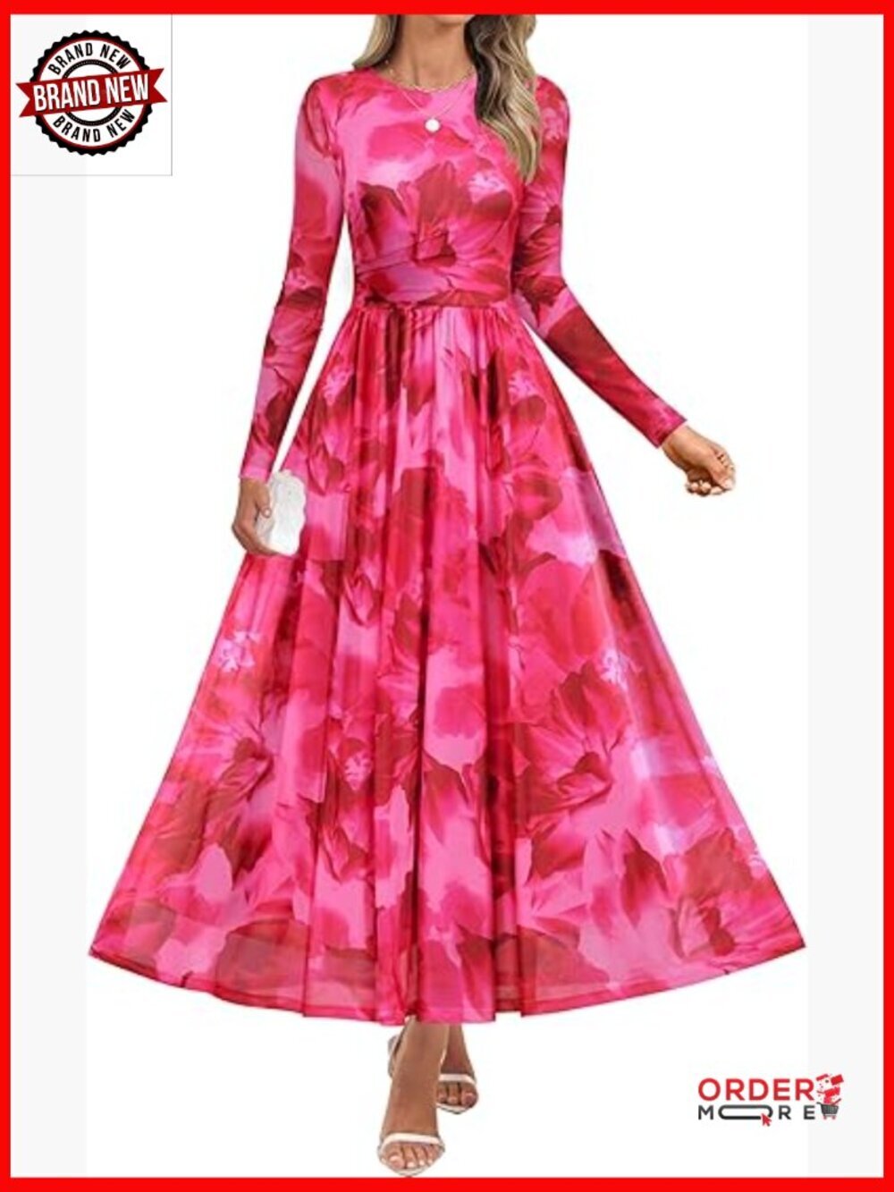 Long Sleeve Maxi Dress Floral Print Mesh Ruched Party Guest Dress